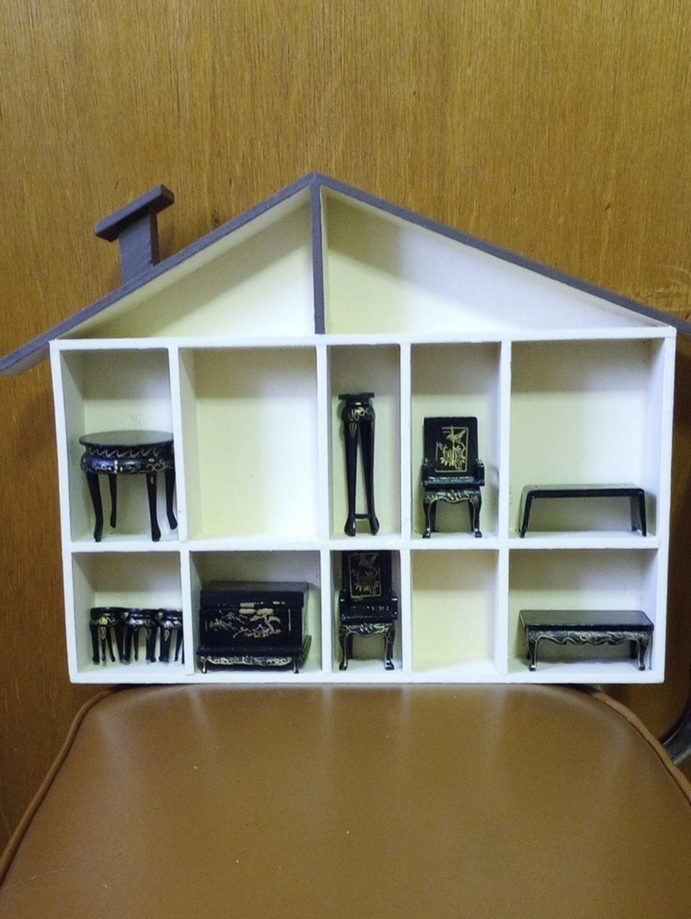 RARE Painted Wood House Wall Decor w/ Compartments for Mini Asian Furniture!